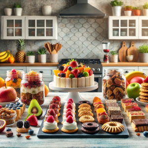 DALL·E 2024-08-31 17.41.24 - A vibrant kitchen scene featuring a variety of beautifully prepared healthy desserts, including sugar-free cookies, fruit-based snacks, and low-calori